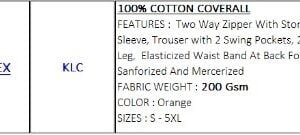 COTTON COVERALL ORANGE KLC VAULTEX 200 GSM